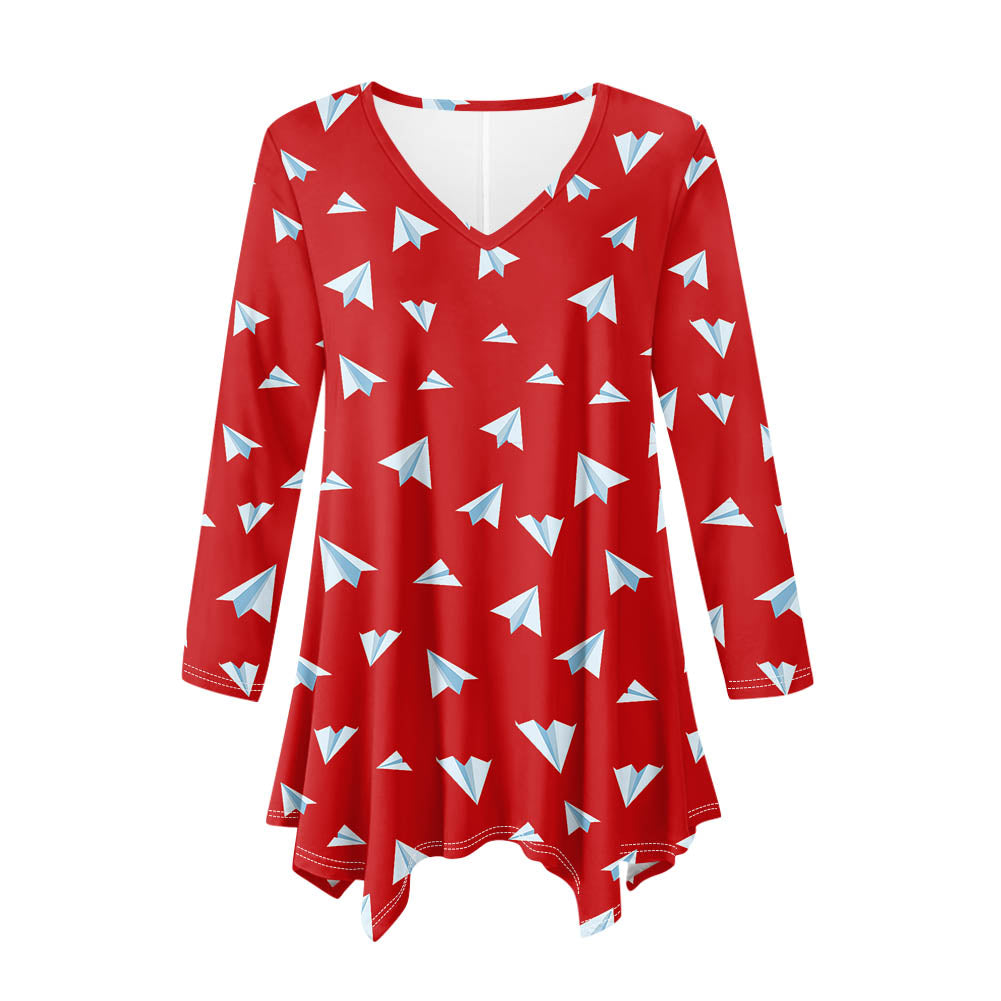 Paper Airplanes (Red) 2 Designed Women Lrregular V-neck Skirts