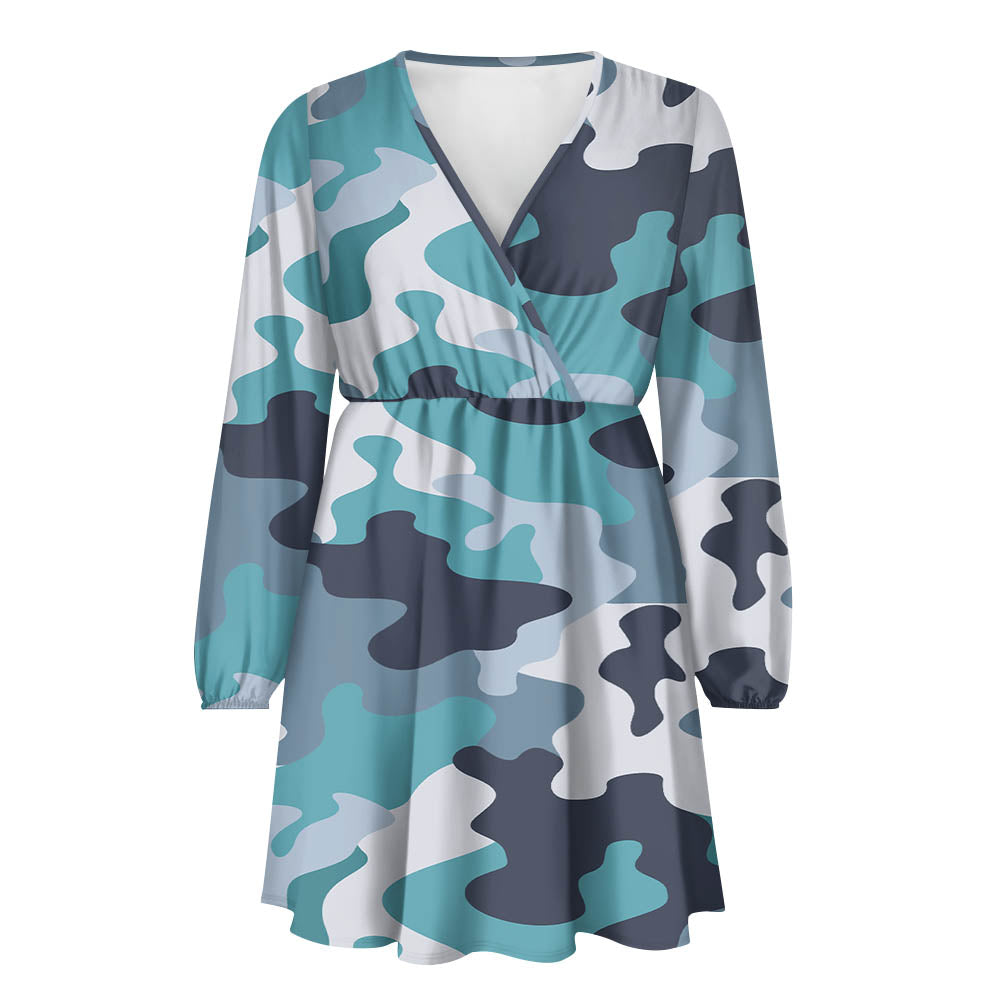 Military Camouflage Green Designed Women V-neck Dress