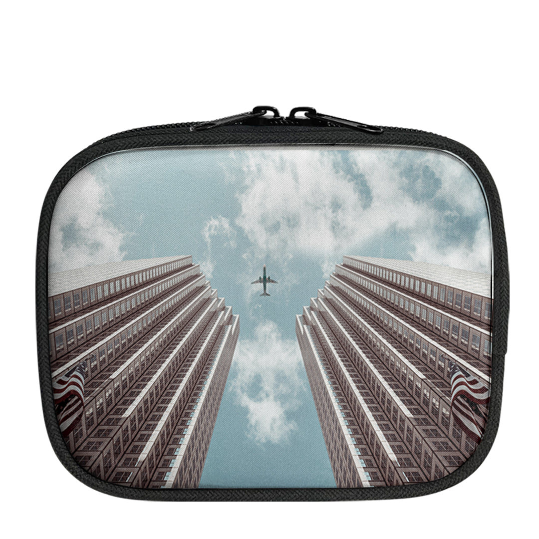 Airplane Flying over Big Buildings Designed Travel & Medical Storage Bags