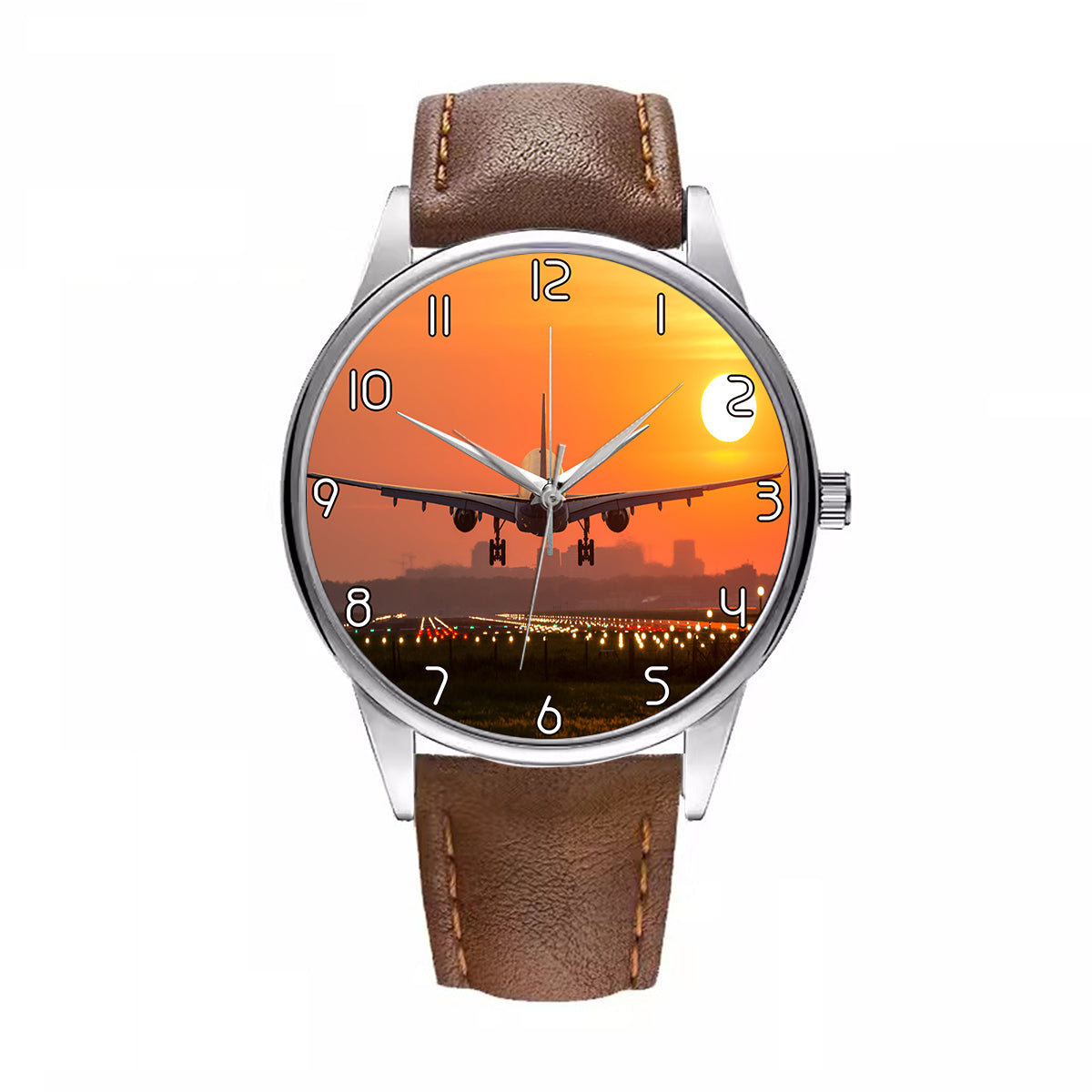 Amazing Airbus A330 Landing at Sunset Designed Fashion Leather Strap Watches