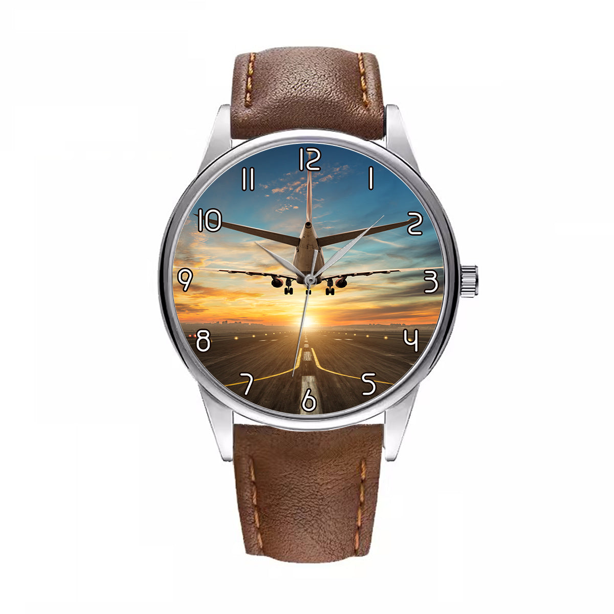 Airplane over Runway Towards the Sunrise Designed Fashion Leather Strap Watches