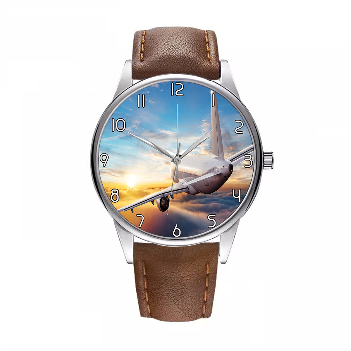 Airliner Jet Cruising over Clouds Designed Fashion Leather Strap Watches