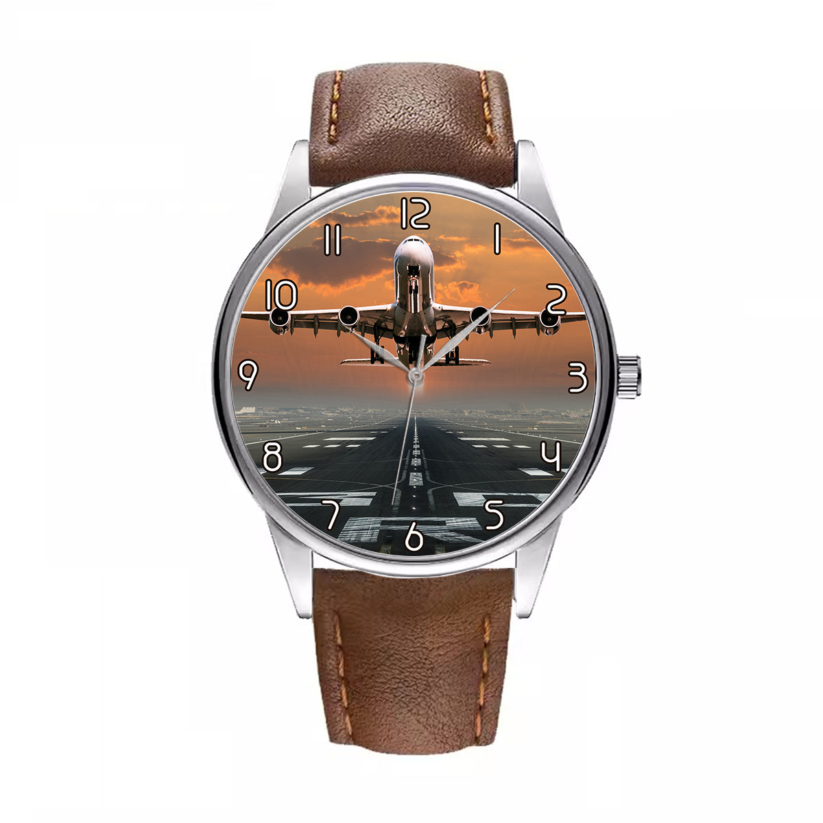 Aircraft Departing from RW30 Designed Fashion Leather Strap Watches