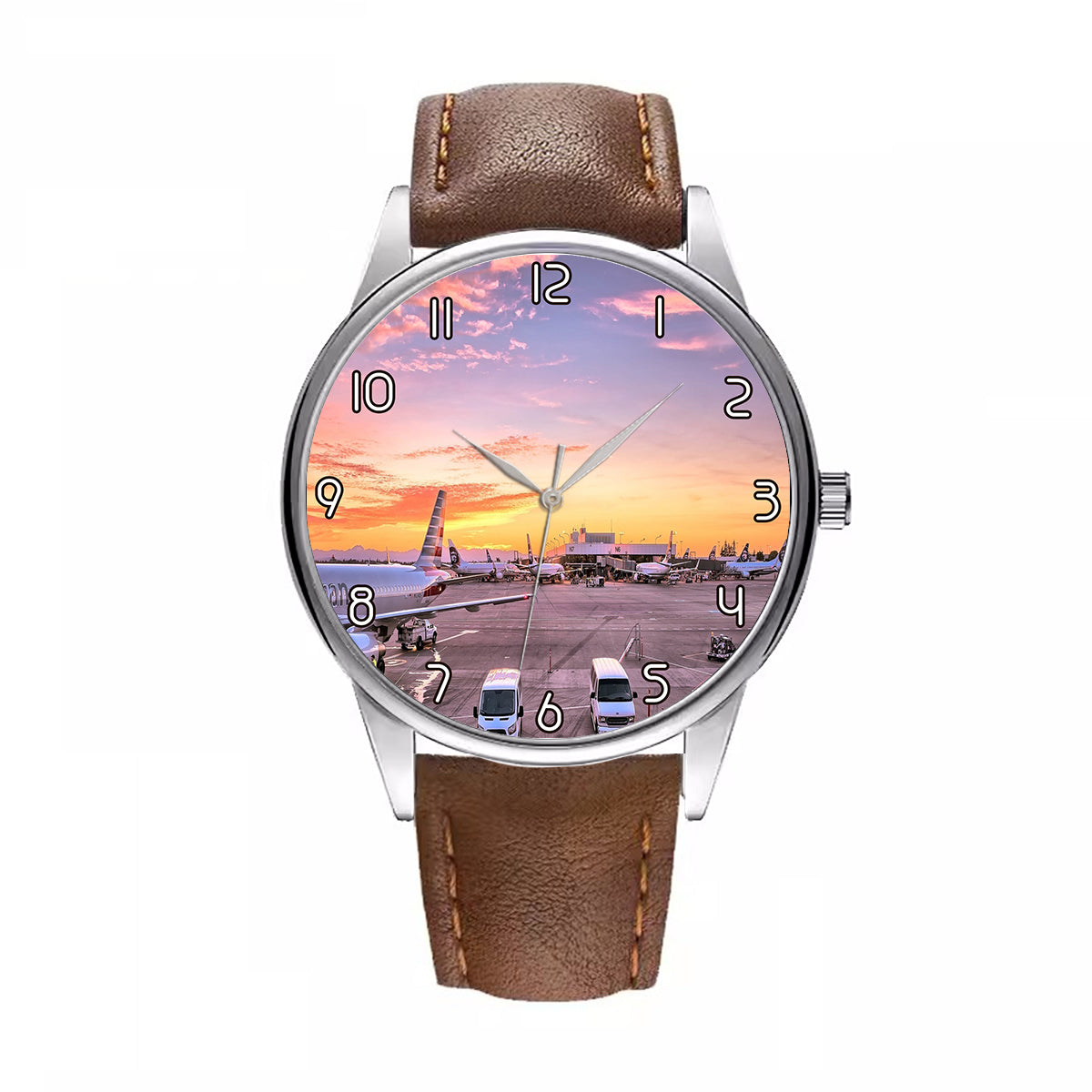 Airport Photo During Sunset Designed Fashion Leather Strap Watches