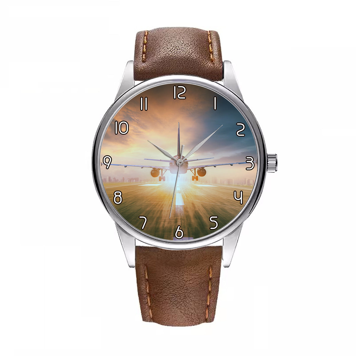 Airplane Flying Over Runway Designed Fashion Leather Strap Watches