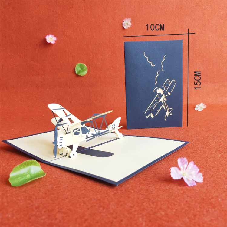 Retro Airplanepilot Blue Paper Cuttings 3D greeting card