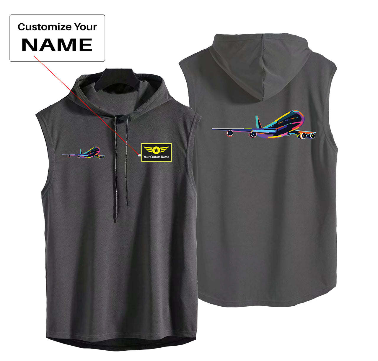 Multicolor Airplane Designed Hooded Tank Tops