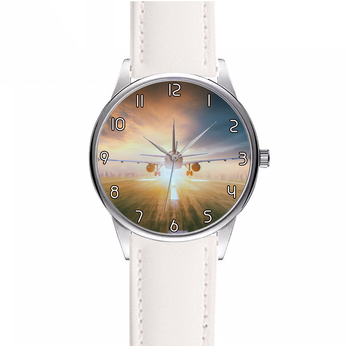 Airplane Flying Over Runway Designed Fashion Leather Strap Watches