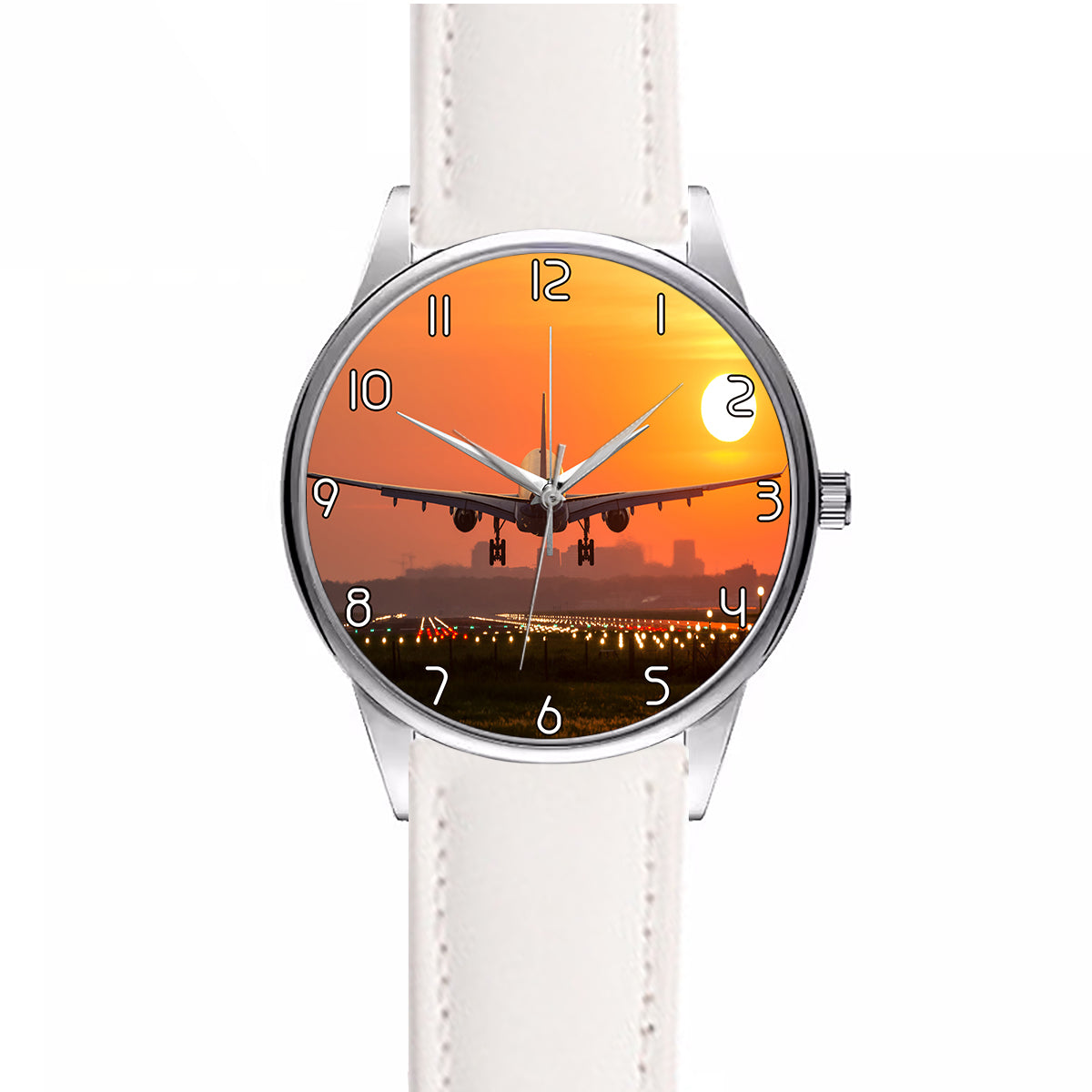 Amazing Airbus A330 Landing at Sunset Designed Fashion Leather Strap Watches