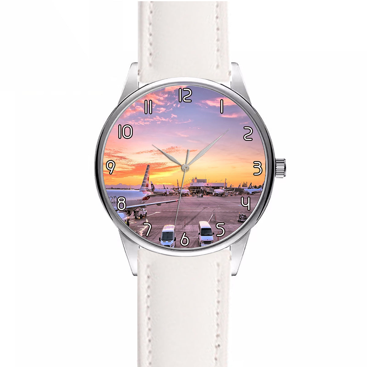 Airport Photo During Sunset Designed Fashion Leather Strap Watches