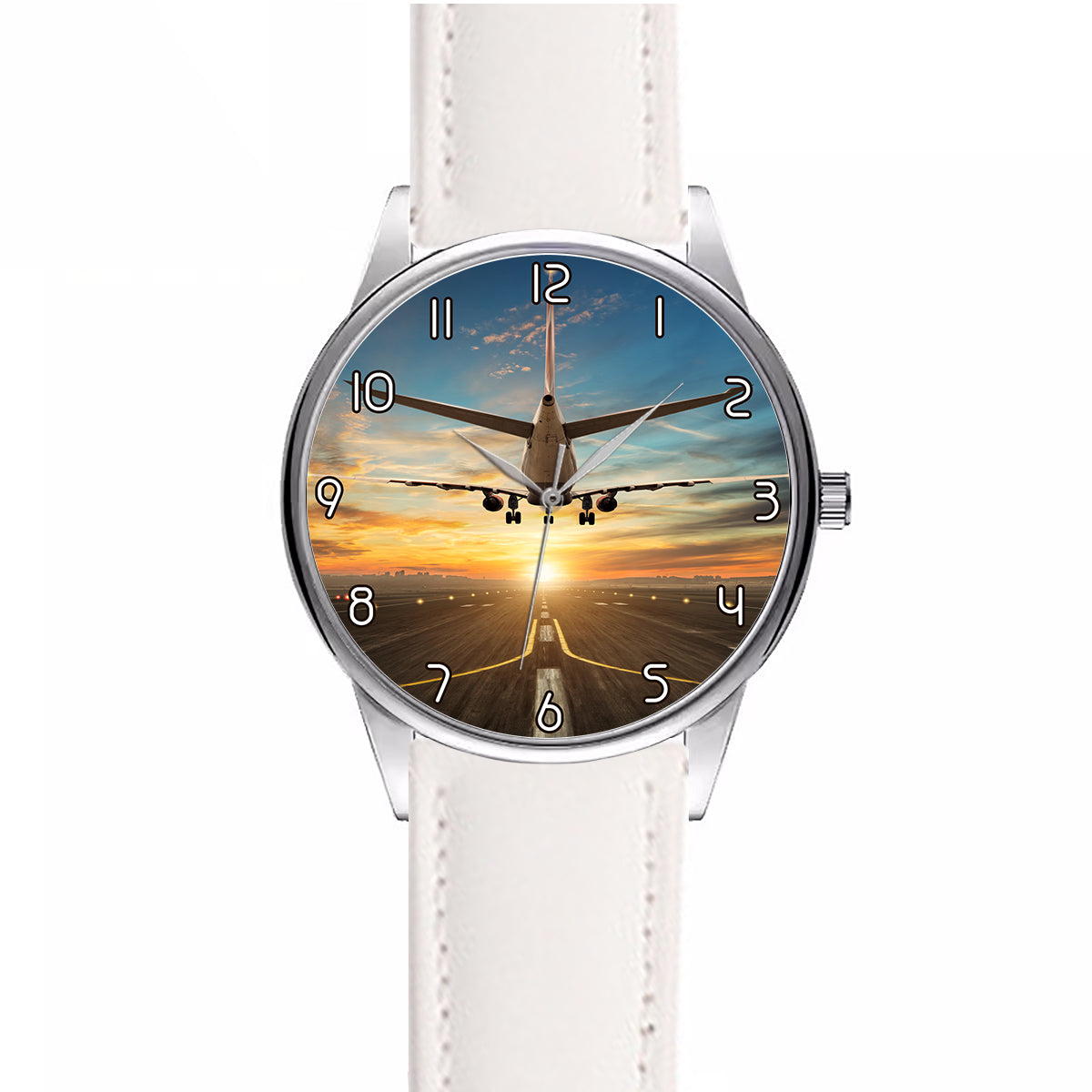 Airplane over Runway Towards the Sunrise Designed Fashion Leather Strap Watches