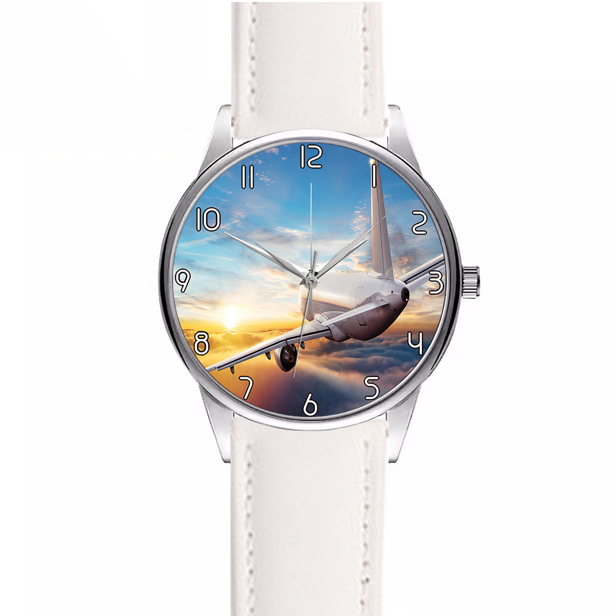 Airliner Jet Cruising over Clouds Designed Fashion Leather Strap Watches