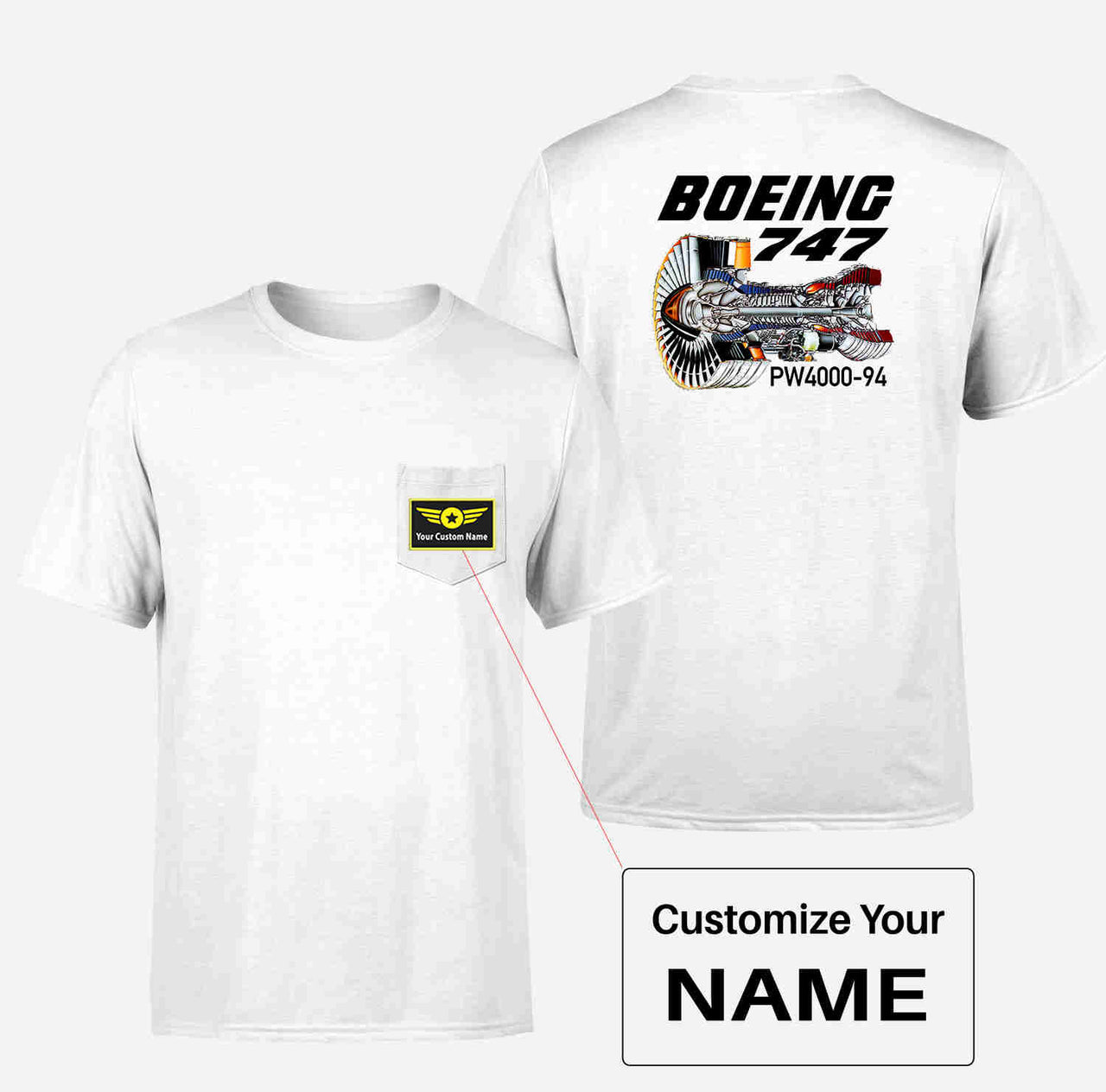 Boeing 747 & PW4000-94 Engine Designed Pocket T-Shirts