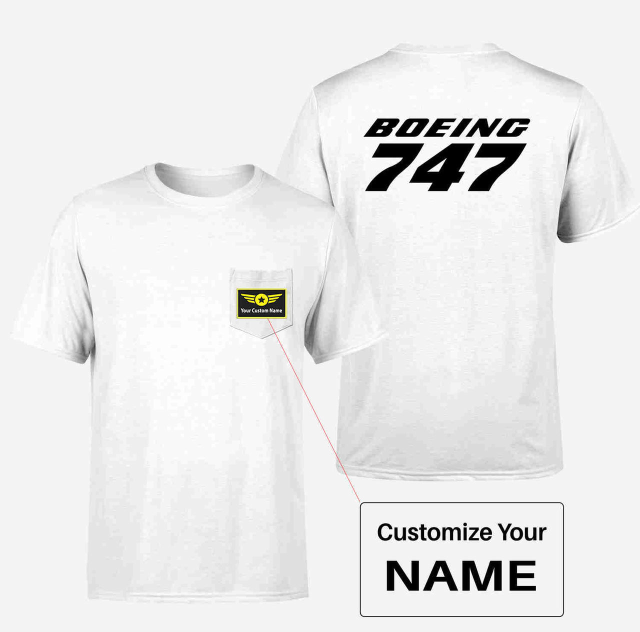 Boeing 747 & Text Designed Pocket T-Shirts