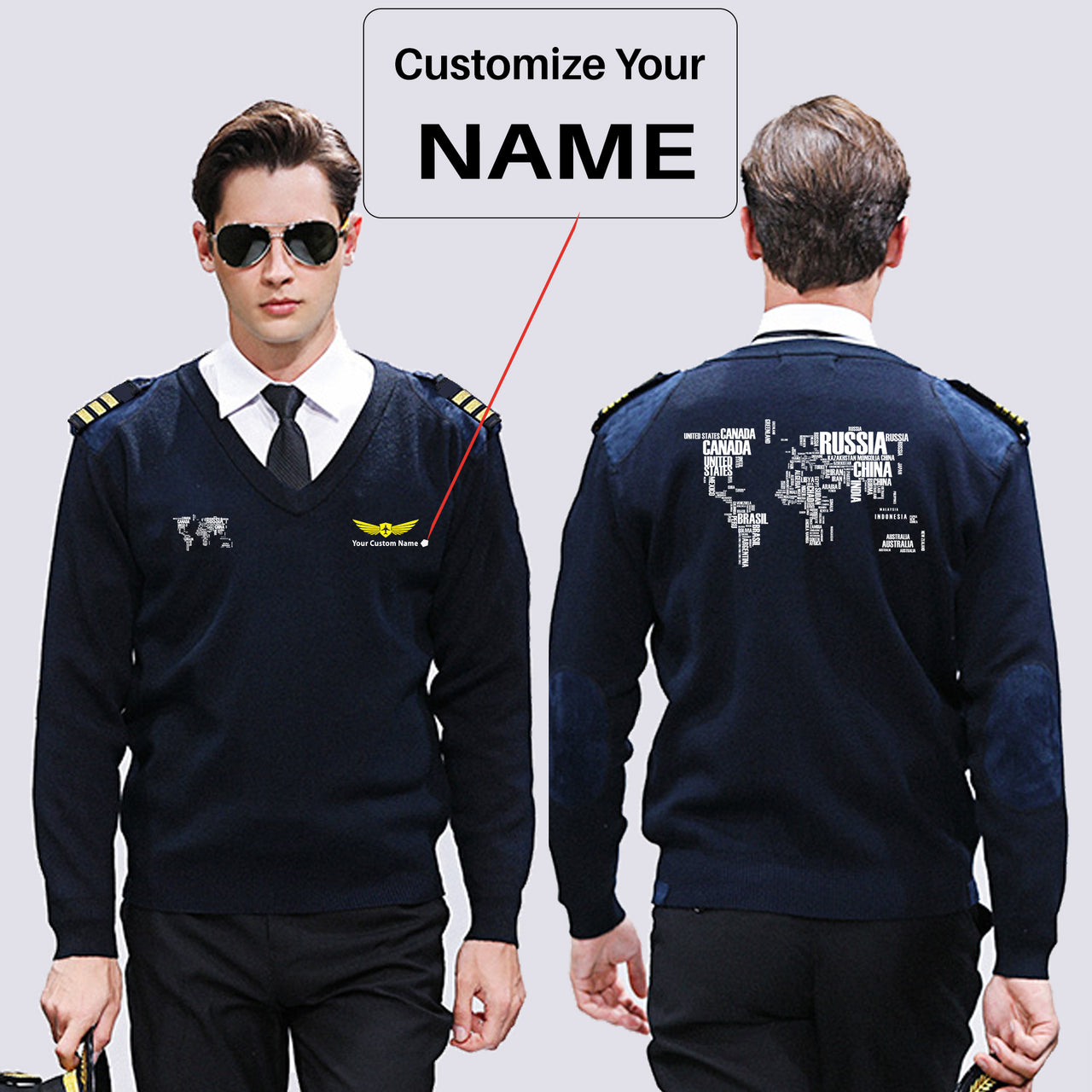 World Map (Text) Designed Wool Pilot Sweaters