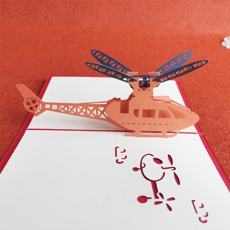 Helicopter Red Paper Cuttings 3D greeting card