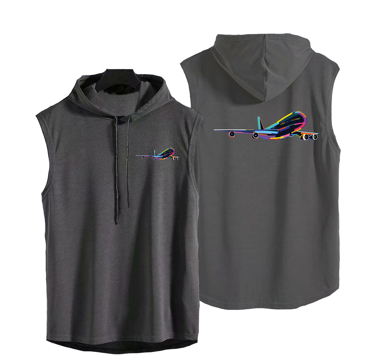 Multicolor Airplane Designed Hooded Tank Tops