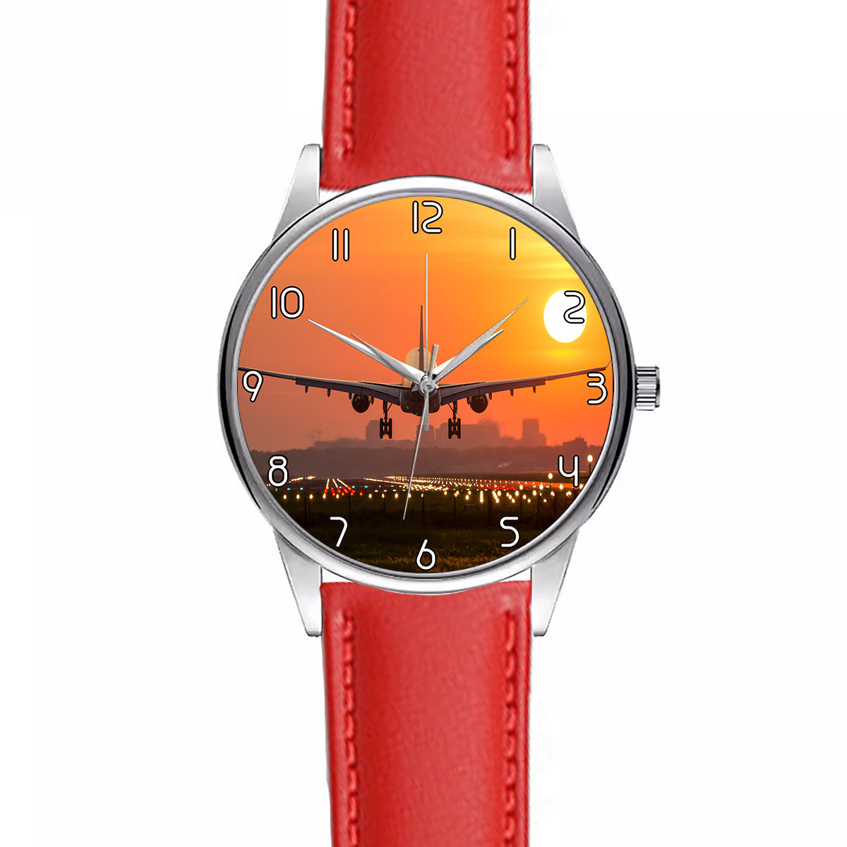 Amazing Airbus A330 Landing at Sunset Designed Fashion Leather Strap Watches