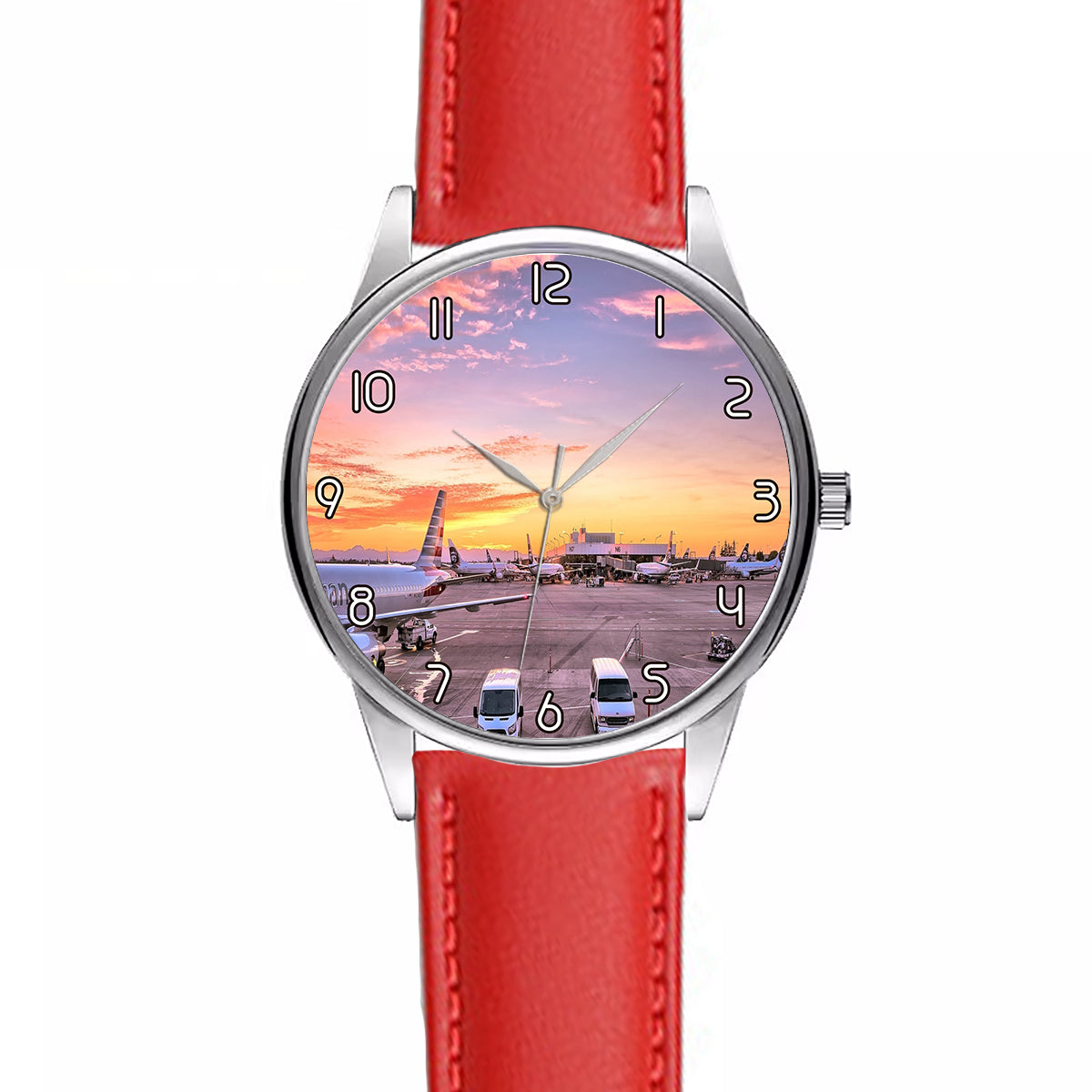 Airport Photo During Sunset Designed Fashion Leather Strap Watches