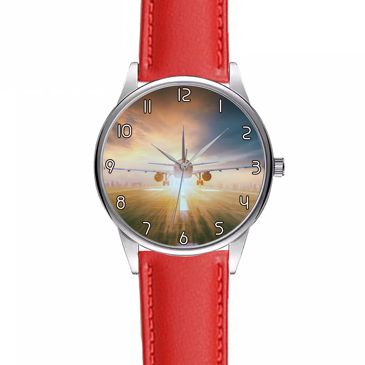 Airplane Flying Over Runway Designed Fashion Leather Strap Watches