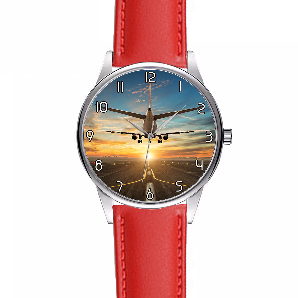 Airplane over Runway Towards the Sunrise Designed Fashion Leather Strap Watches