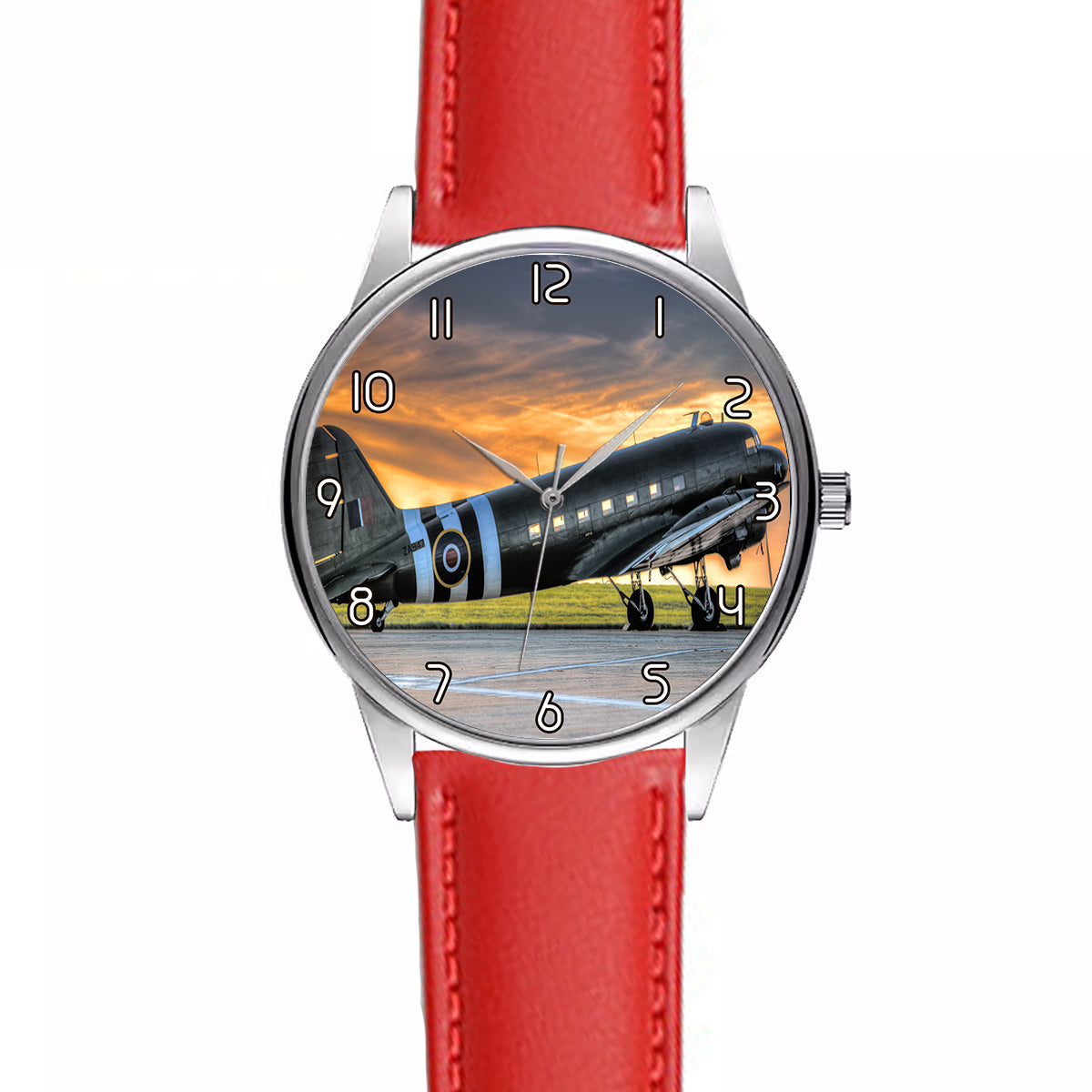 Old Airplane Parked During Sunset Designed Fashion Leather Strap Watches