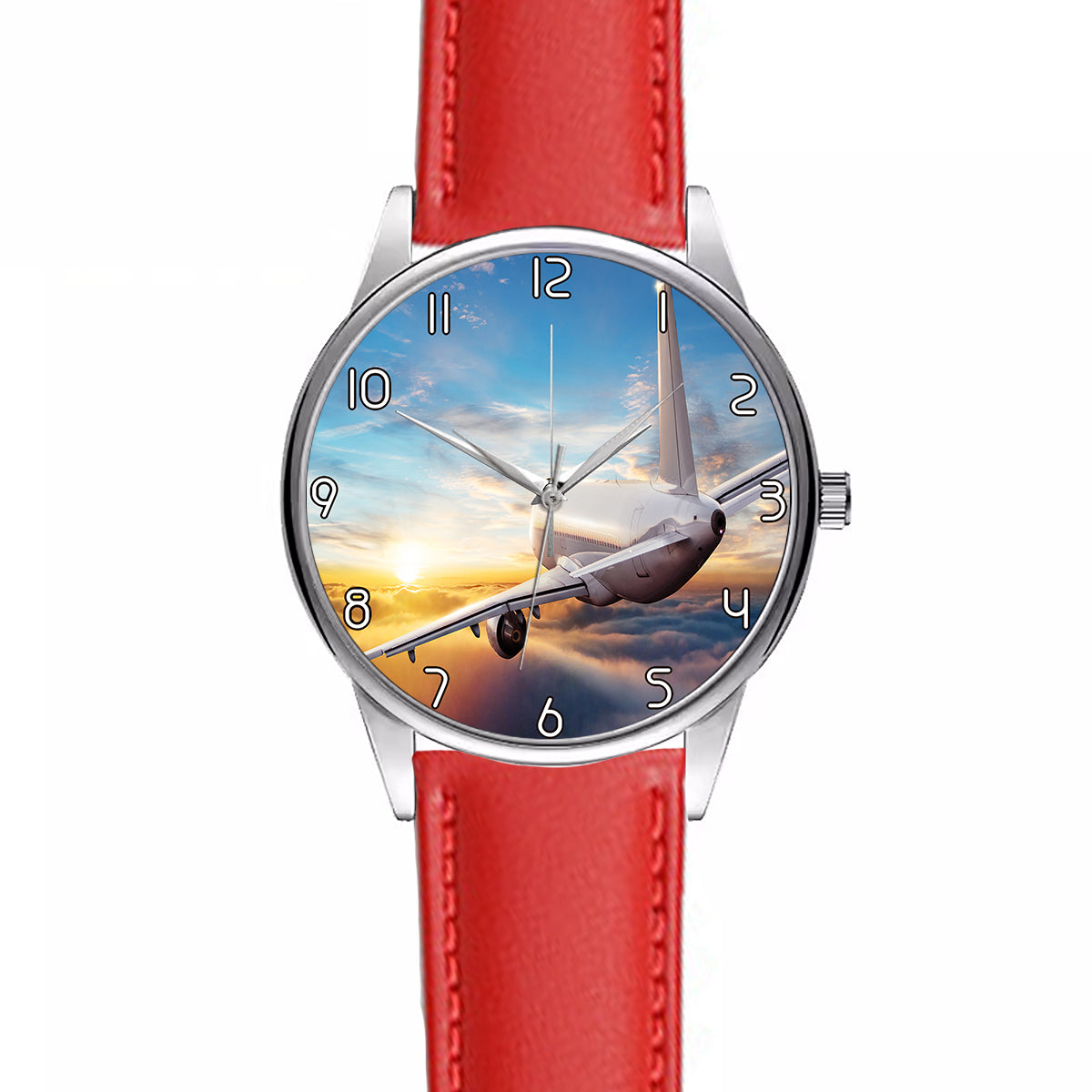 Airliner Jet Cruising over Clouds Designed Fashion Leather Strap Watches