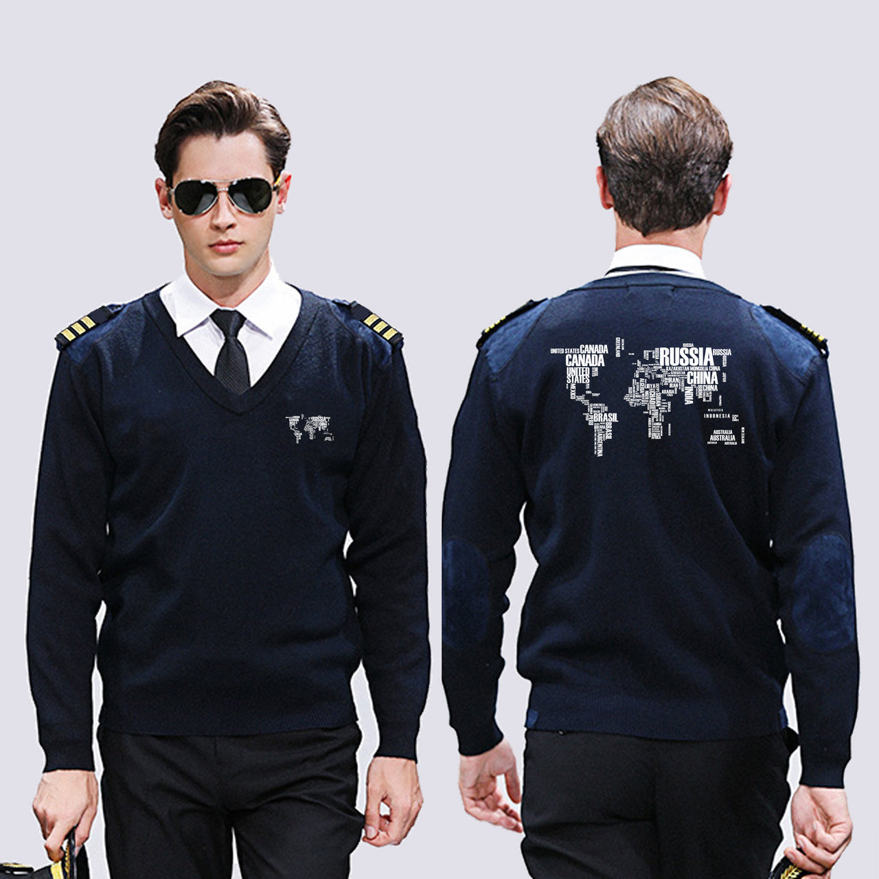 World Map (Text) Designed Wool Pilot Sweaters