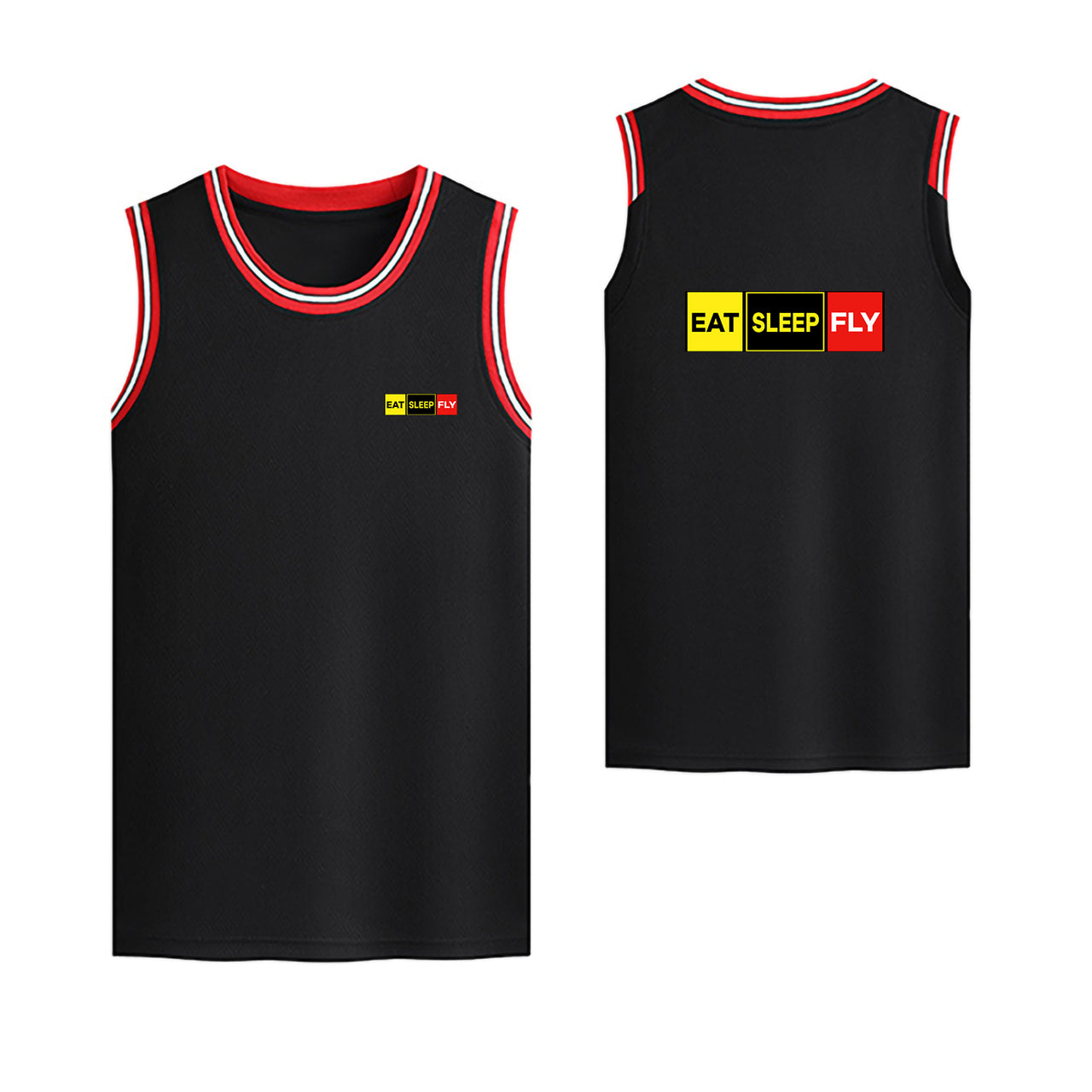 Eat Sleep Fly (Colourful) Designed Basketball Style Sports Tank Tops