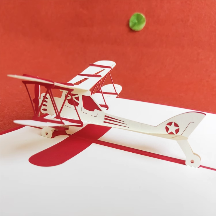 Retro Airplanepilot Red Paper Cuttings 3D greeting card