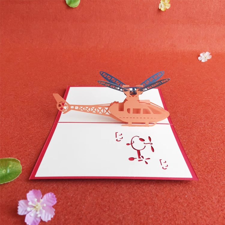 Helicopter Red Paper Cuttings 3D greeting card