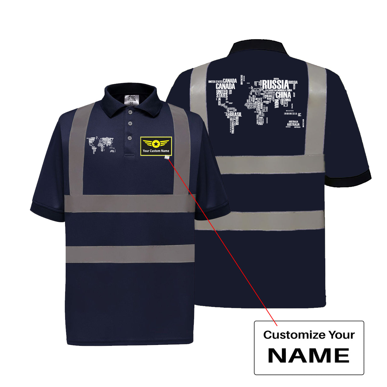 World Map (Text) Designed Reflective Polo T-Shirts