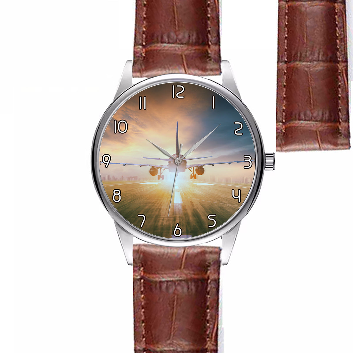 Airplane Flying Over Runway Designed Fashion Leather Strap Watches