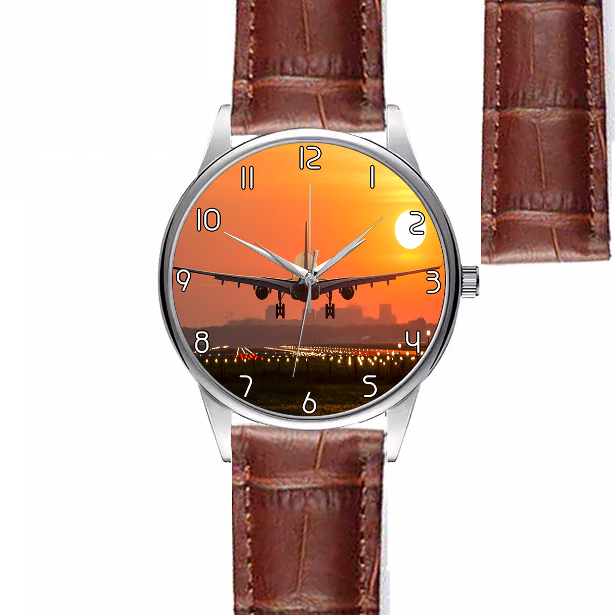 Amazing Airbus A330 Landing at Sunset Designed Fashion Leather Strap Watches