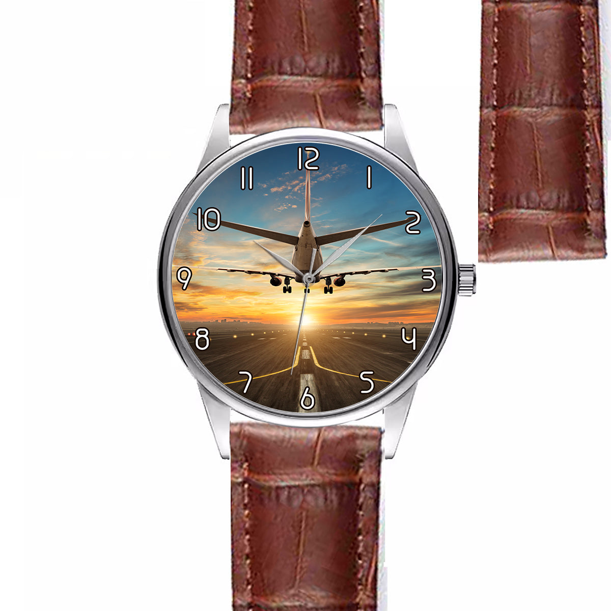 Airplane over Runway Towards the Sunrise Designed Fashion Leather Strap Watches