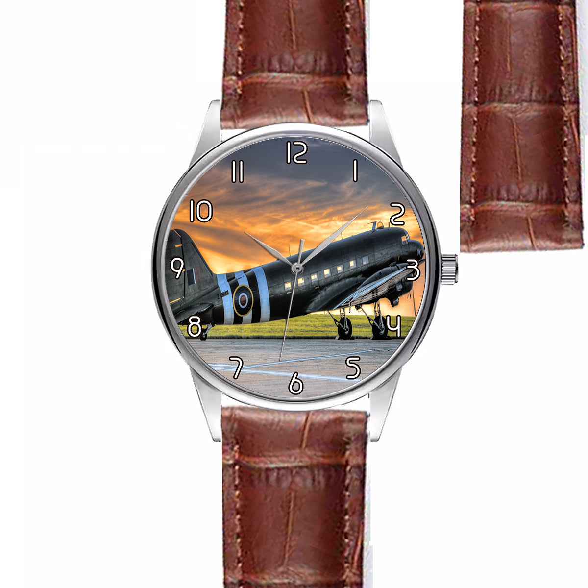 Old Airplane Parked During Sunset Designed Fashion Leather Strap Watches