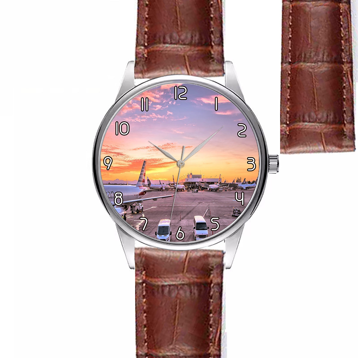 Airport Photo During Sunset Designed Fashion Leather Strap Watches