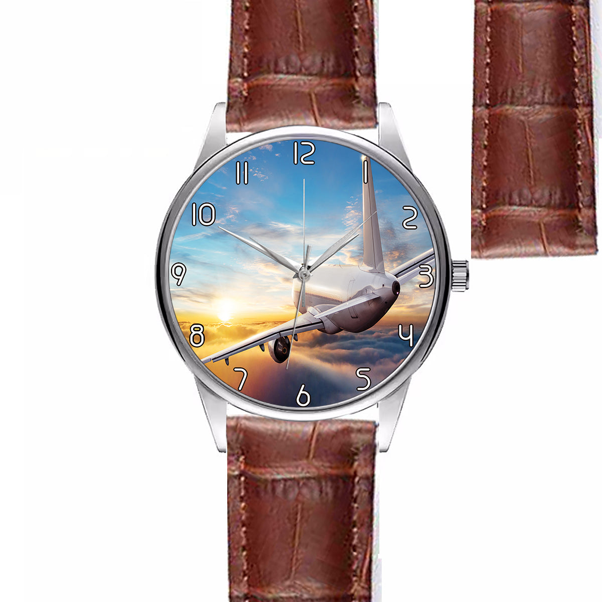 Airliner Jet Cruising over Clouds Designed Fashion Leather Strap Watches