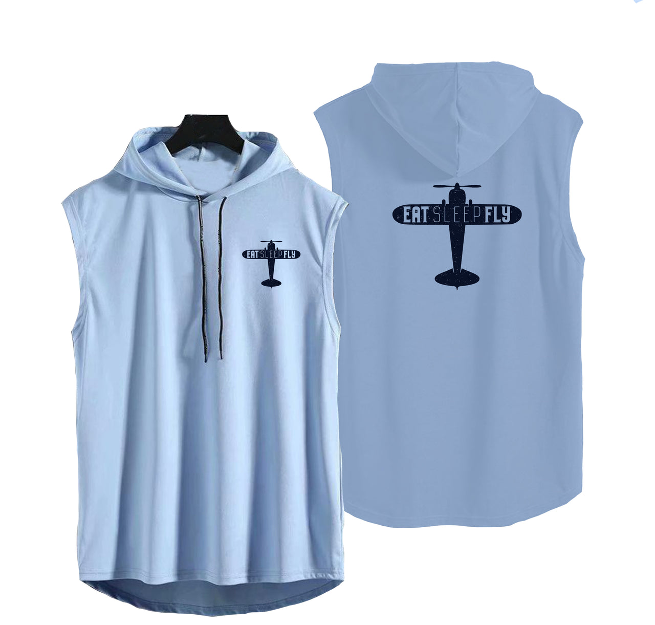 Eat Sleep Fly & Propeller Designed Hooded Tank Tops