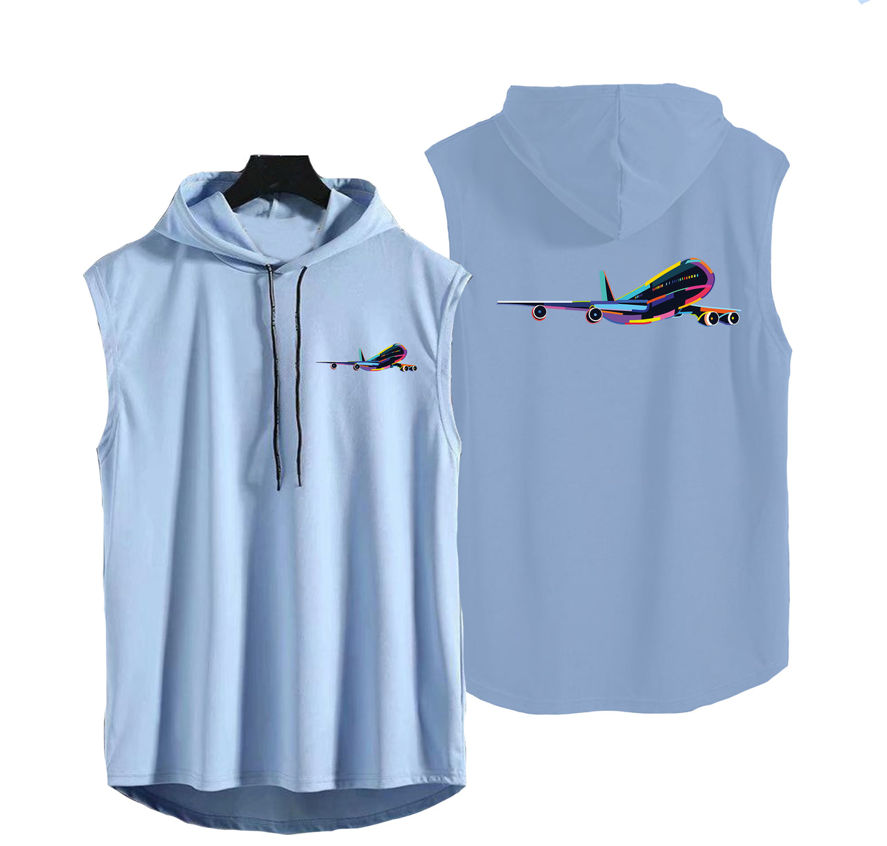 Multicolor Airplane Designed Hooded Tank Tops