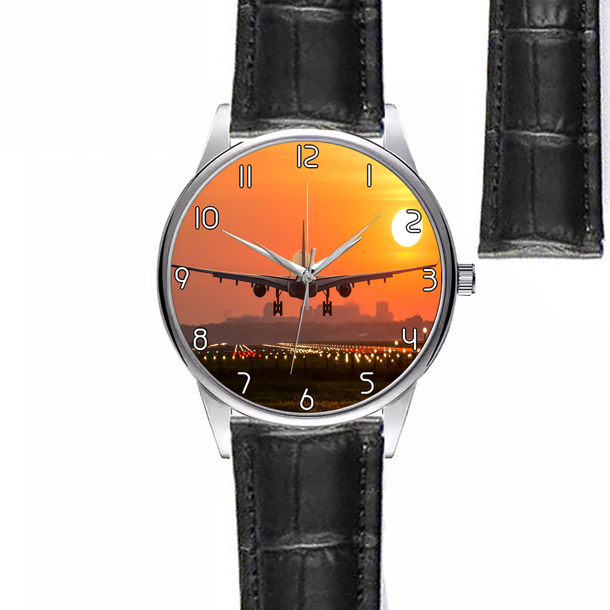 Amazing Airbus A330 Landing at Sunset Designed Fashion Leather Strap Watches