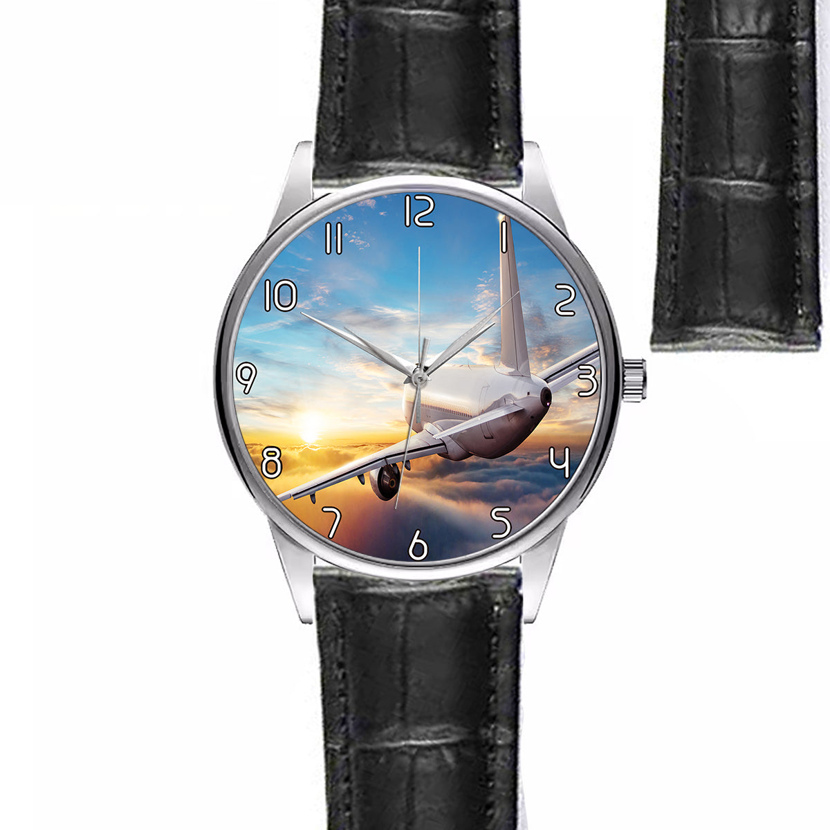 Airliner Jet Cruising over Clouds Designed Fashion Leather Strap Watches