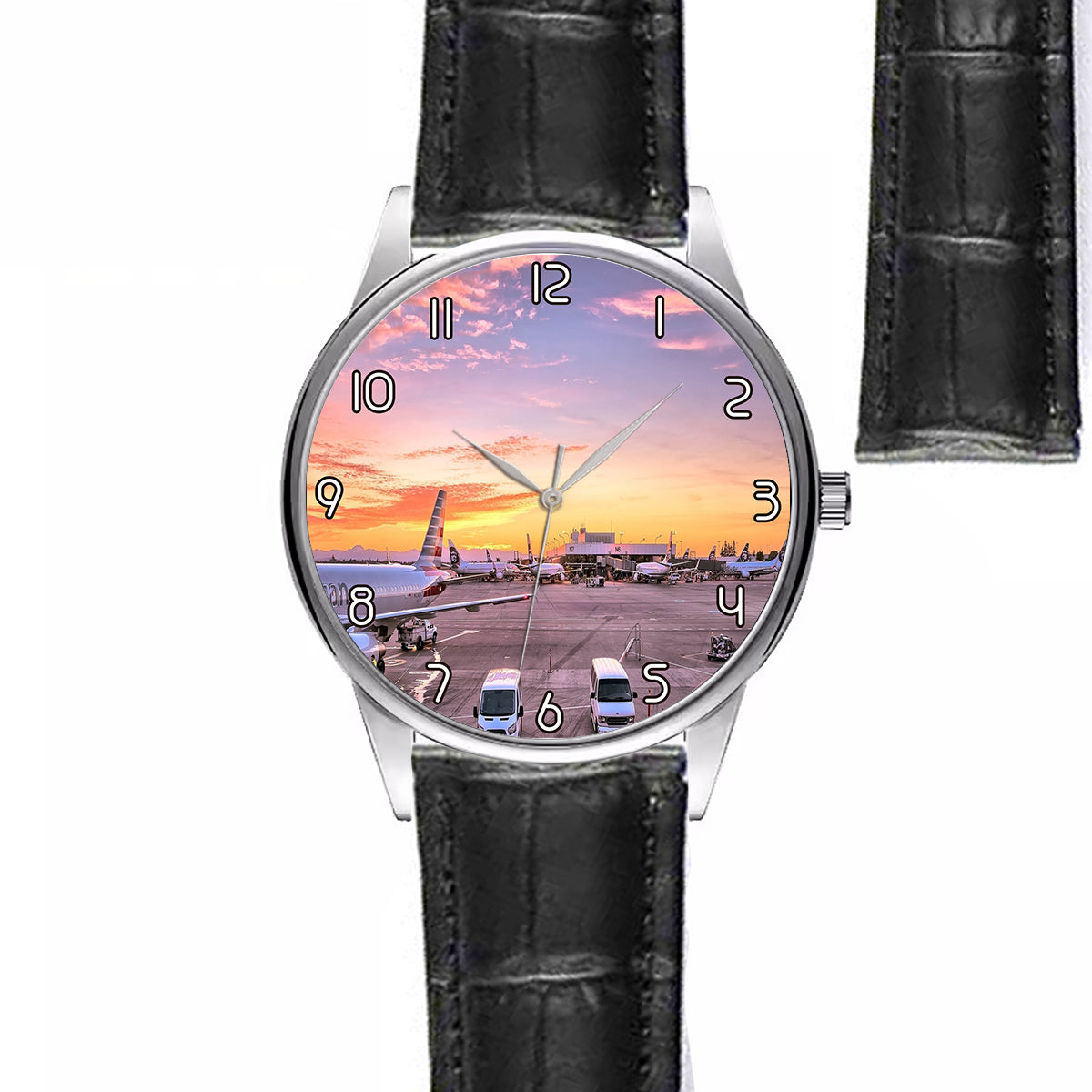 Airport Photo During Sunset Designed Fashion Leather Strap Watches