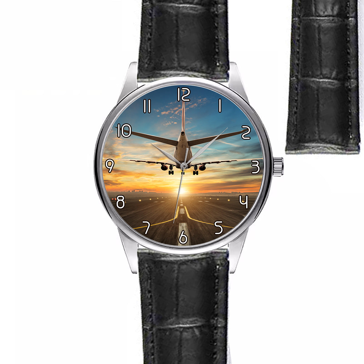 Airplane over Runway Towards the Sunrise Designed Fashion Leather Strap Watches