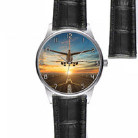 Thumbnail for Airplane over Runway Towards the Sunrise Designed Fashion Leather Strap Watches