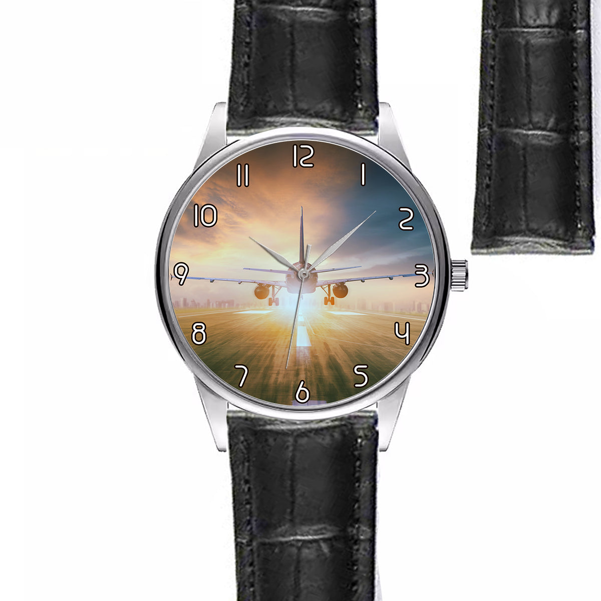 Airplane Flying Over Runway Designed Fashion Leather Strap Watches