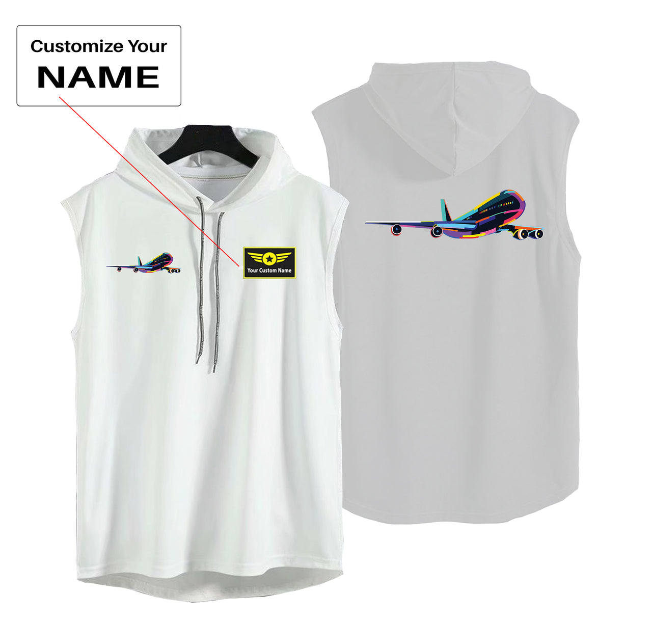 Multicolor Airplane Designed Hooded Tank Tops