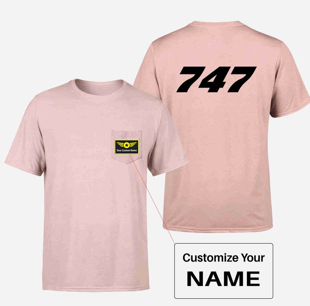 747 Flat Text Designed Pocket T-Shirts