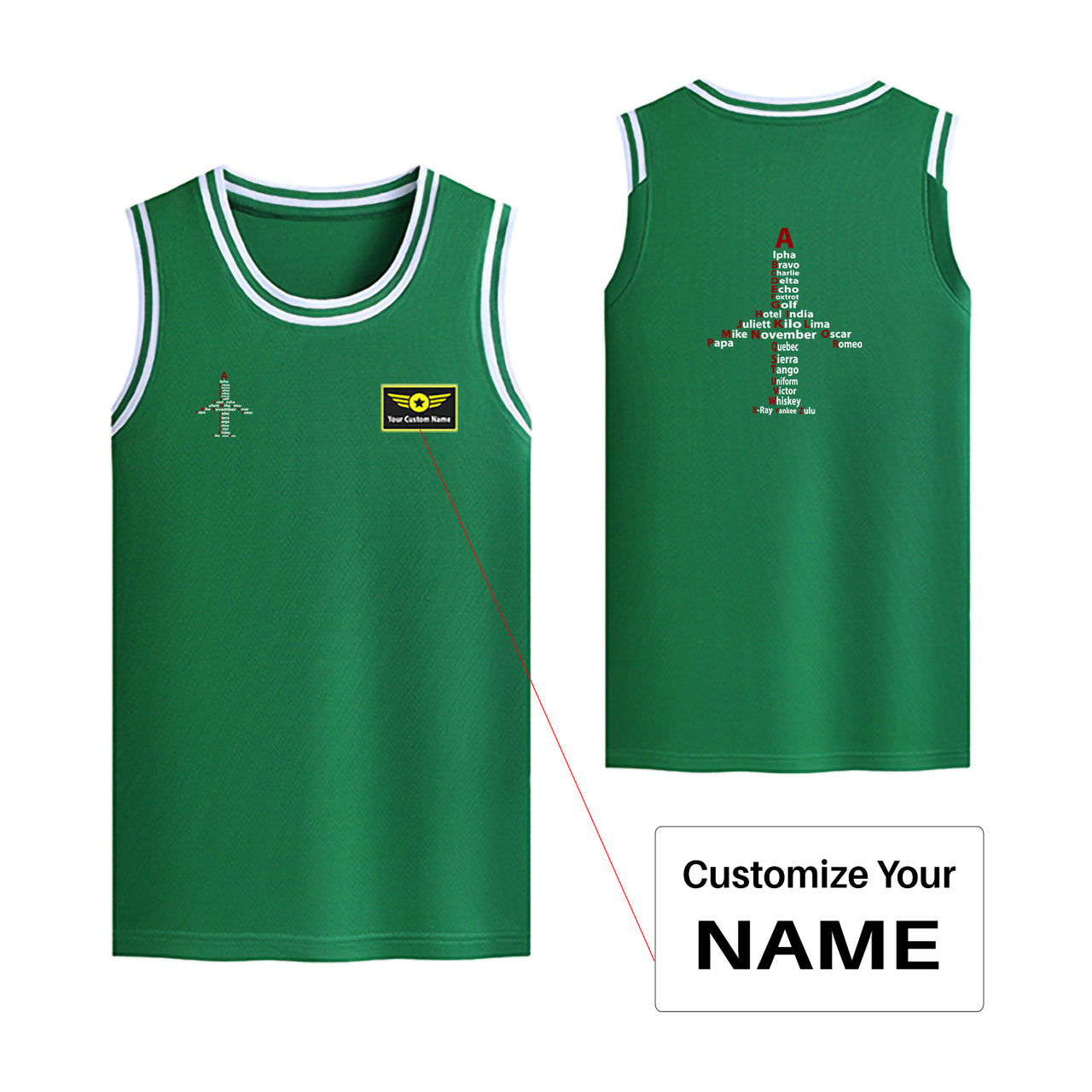 Airplane Shape Aviation Alphabet Designed Basketball Style Sports Tank Tops