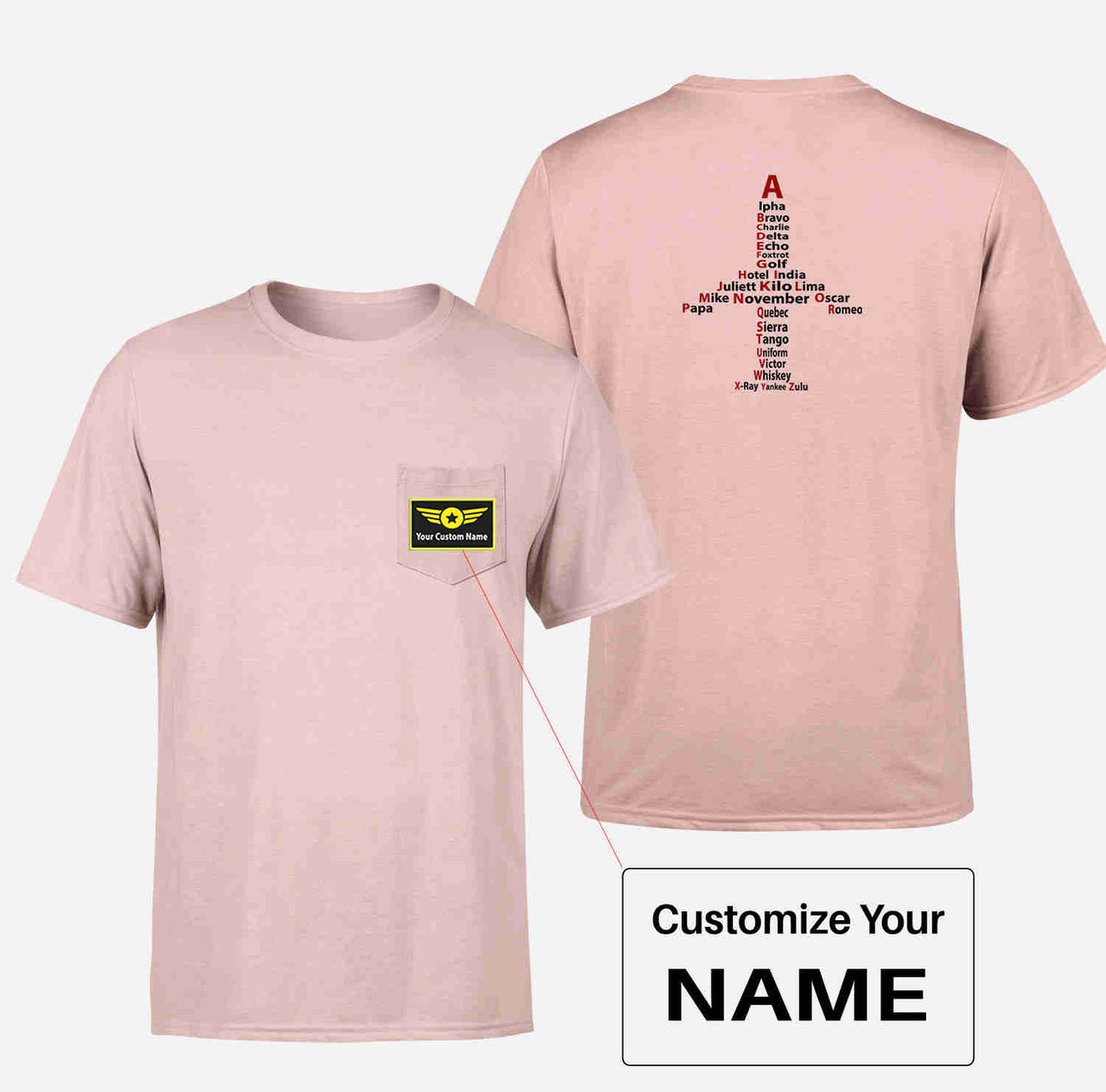 Airplane Shape Aviation Alphabet Designed Pocket T-Shirts